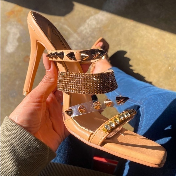 RockStud Rose Gold Rhinestone Square Toe Heels - Picture 1 of 4